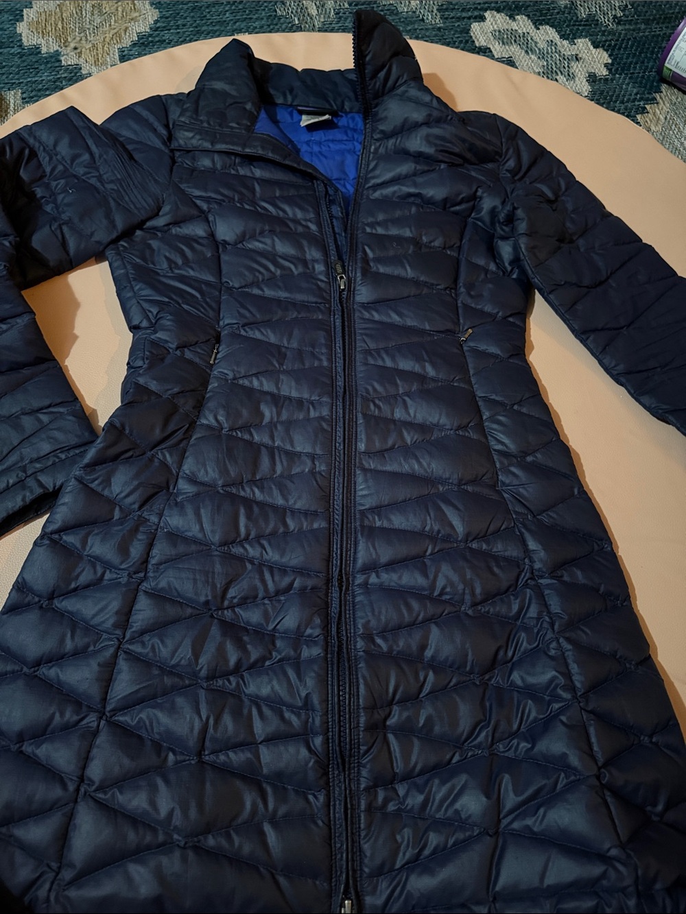 Patagonia long down coat, blue. Size xsmall